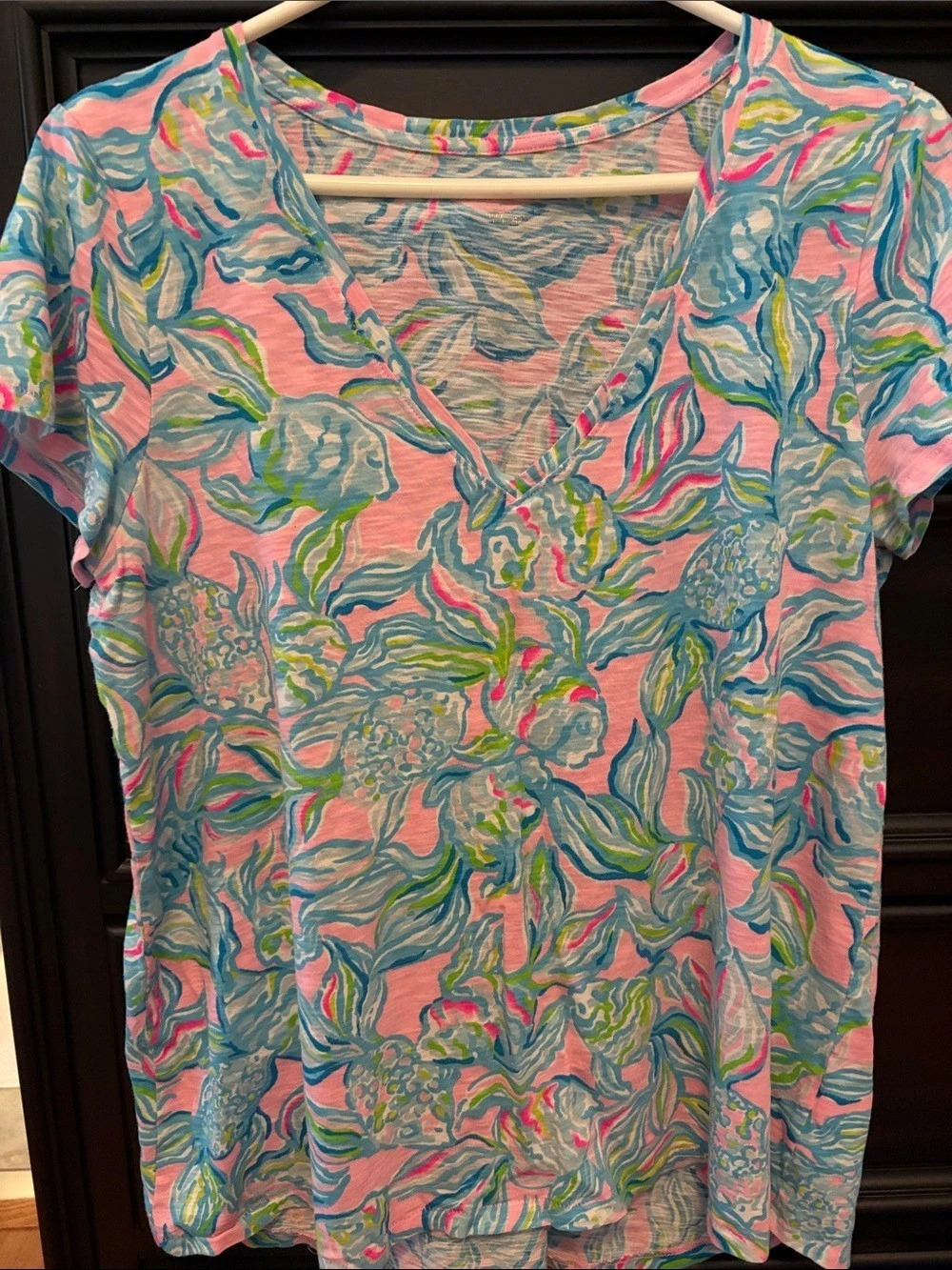 Lilly Pulitzer Etta V-Neck Top Floral Pink & Blue
